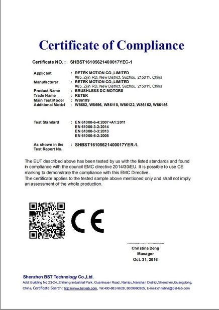 Chiny Retek Motion Co., Limited Certyfikaty